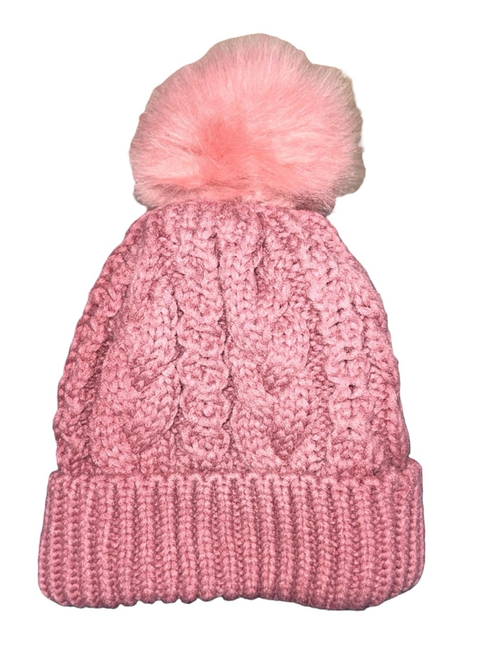 Pink Cable‑Knit Pom Pom Beanie with Fleece Lining – Cozy Winter Hat